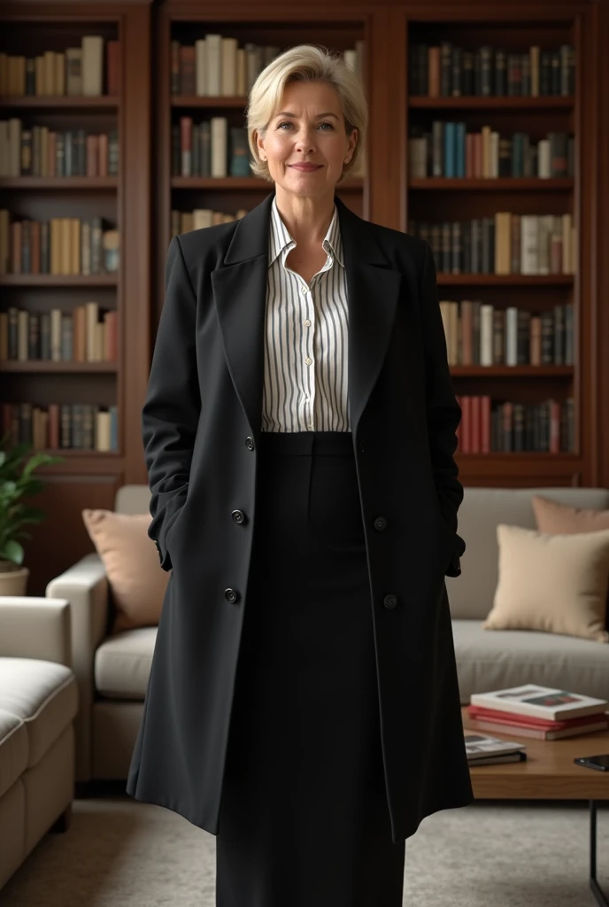 A middle-aged woman, wearing a black coat, a white striped blouse and a long skirt, dressed professionally and correctly, standing in a living room with bookshelves and a sofa in the background. short blonde haire. She has an hourglass figure, very massive breasts. ,Wide hips (implants), Prominent buttocks (implants), she is slim
