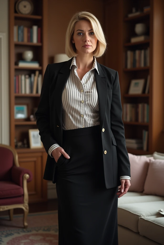 A middle-aged woman, wearing a black coat, a white striped blouse and a long skirt, dressed professionally and correctly, standing in a living room with bookshelves and a sofa in the background. short blonde haire. She has an hourglass figure, very massive breasts. ,Wide hips (implants), Prominent buttocks (implants), she is slim