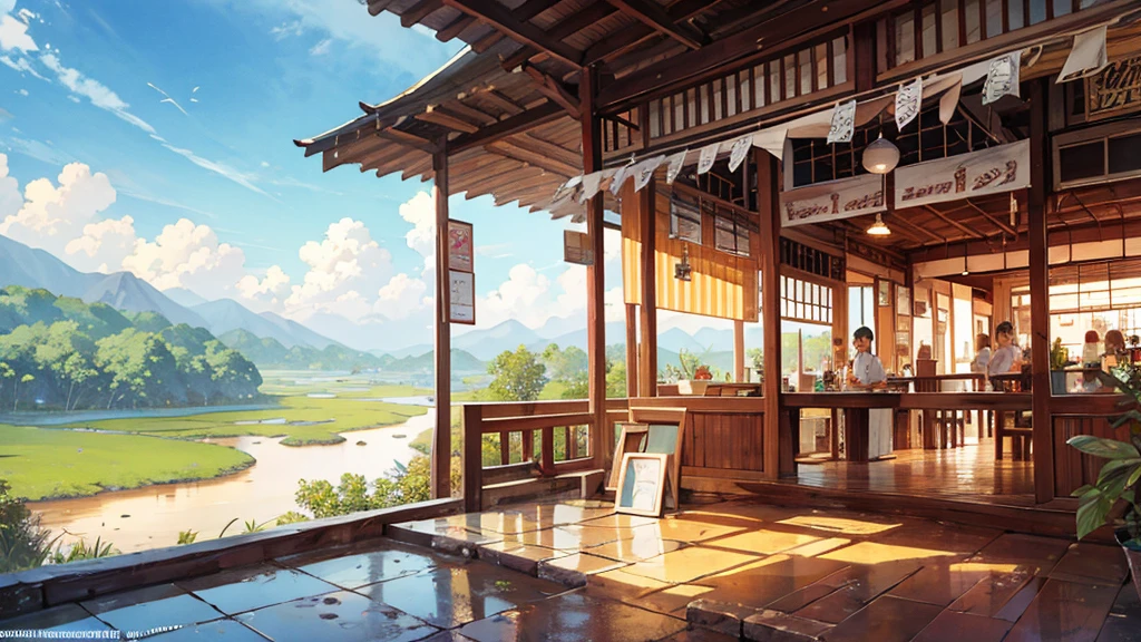 Super Water colour art. A 45-degree landscape shot of the interior of a traditional Thai coffee shop, located in a corner of a rural pathway in Thailand. Cinematic 2k.