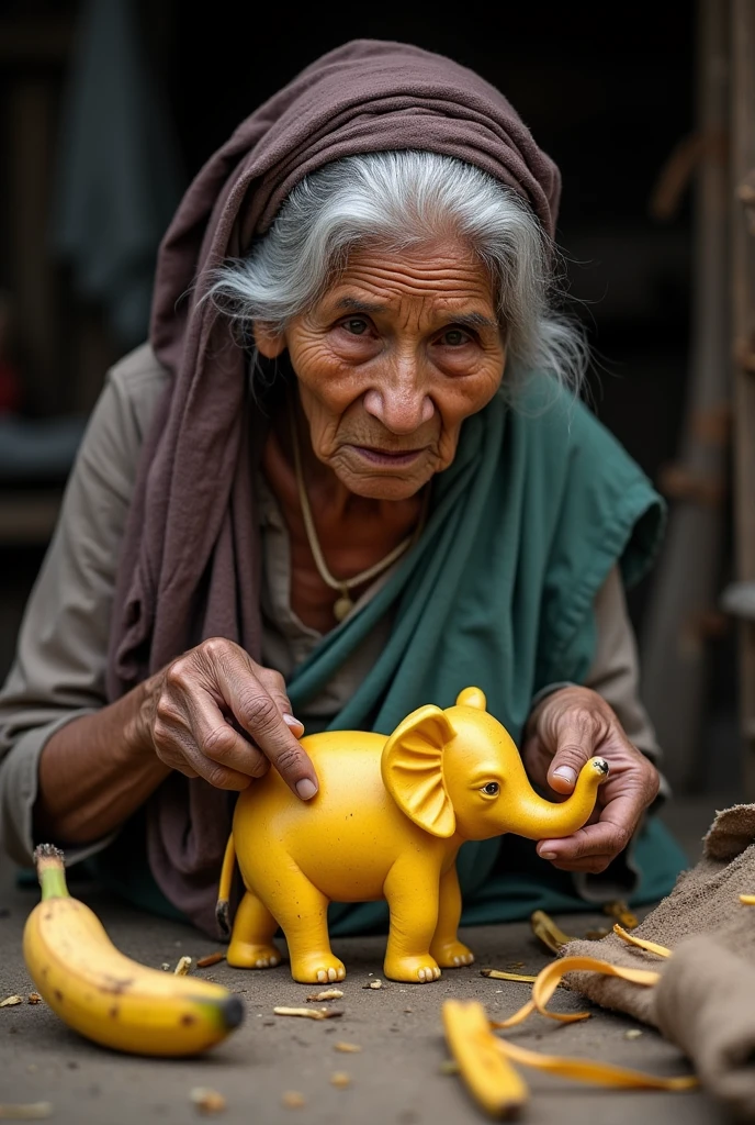 Poar woman meking alifant on rod banana