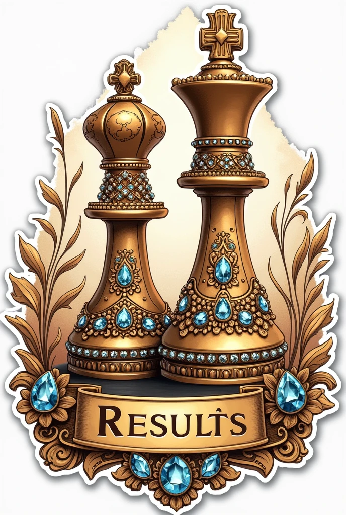 drawn drawing, Sticker
Chessboard, under it is written in Russian the word "Results" in Cyrillic. Russian letters
chess pieces stand next to each other. They are set with rhinestones and beautiful stones. Golden color. Luxury luxury