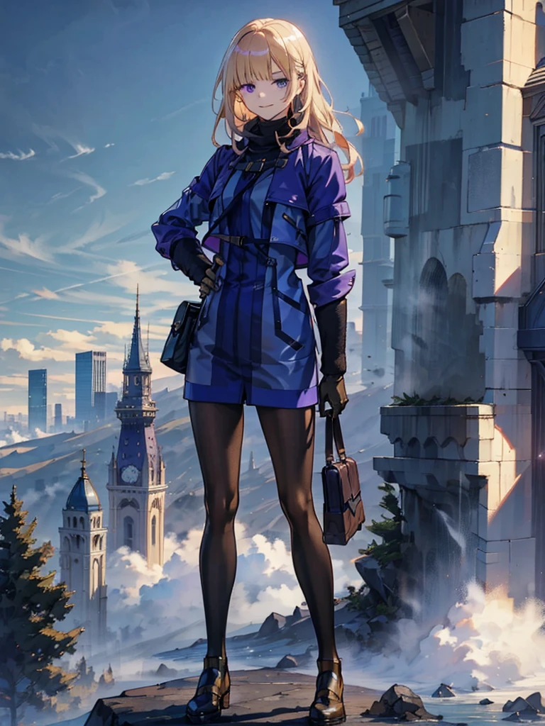 Empty City, A town above the clouds, Sky City,Purple Eyes,with golden hair, wearing a duffle coat