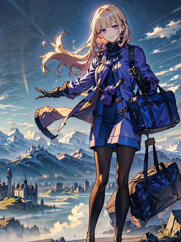 Empty City, A town above the clouds, Sky City,Purple Eyes,with golden hair, wearing a duffle coat