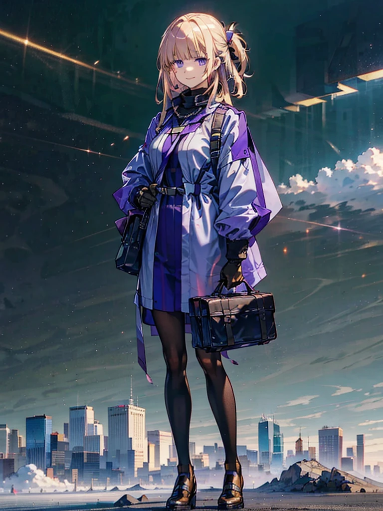 Empty City, A town above the clouds, Sky City,Purple Eyes,with golden hair, wearing a duffle coat