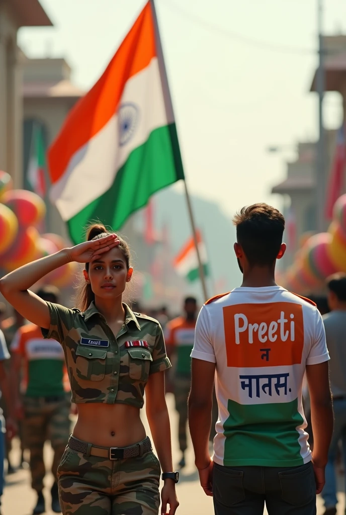 Create a photo of republic day on 15 August. A fit women saluting the Indian flag . The man wearing t shirt naming Preeti on it . T shirt must be designed like the soldier dress.