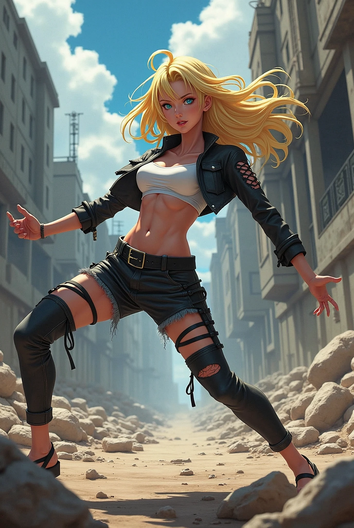 anime style, Naruto fights, android 18, torn clothes, sexy.