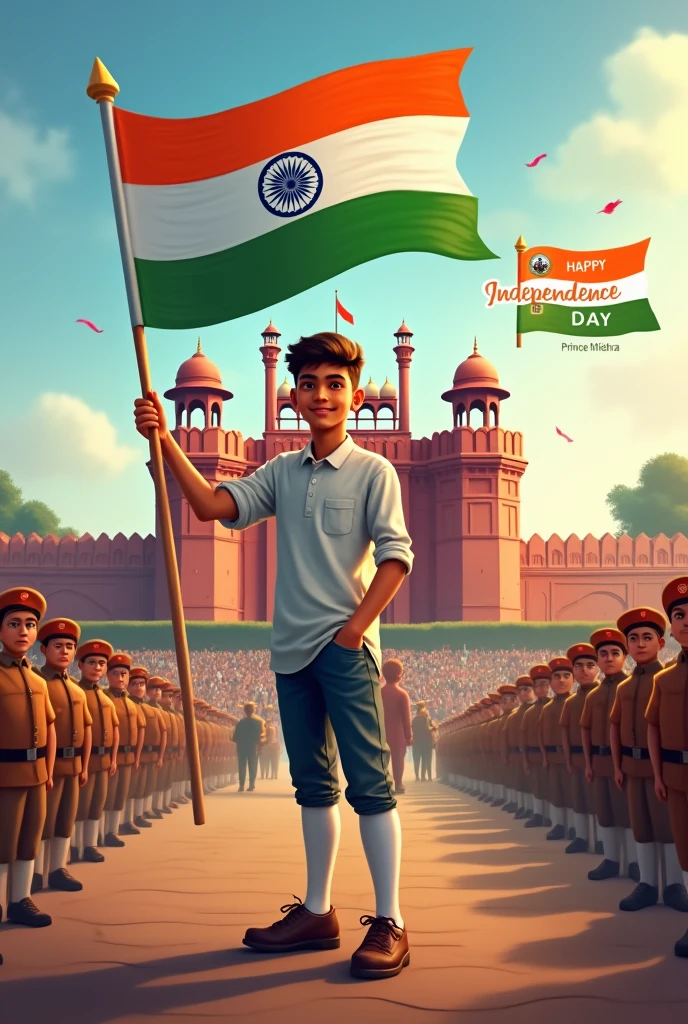A 18 year old boy with Indian flag with Indian army in side and in one corner with colour full letter write "Happy Independence day" This seen is on Red fort with Prime minister Narendra Modi and also write in background "Prince Mishra" very expensive and 3d colour and letter
In back side write Happy 78th Independence day
In down ward side corner Write Prince Mishra
