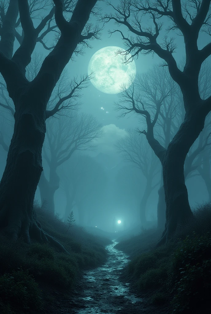 An eerie, mysterious fog creeps through an ancient, twisted forest. The gnarled trees, with their skeletal branches, loom ominously, their bark cracked and darkened by time. The fog, thick and swirling, blurs the line between reality and nightmare, casting a ghostly pallor over everything it touches. In the background, faint silhouettes of distant mountains rise above the mist, barely visible. A narrow, overgrown path winds through the forest, disappearing into the fog's depths, with strange, glowing orbs faintly visible in the distance. The atmosphere is haunting, with an unnatural stillness, as if the forest itself is holding its breath. The light is dim, with a pale, cold moon barely breaking through the dense fog, casting long, eerie shadows that dance with the movement of the mist.