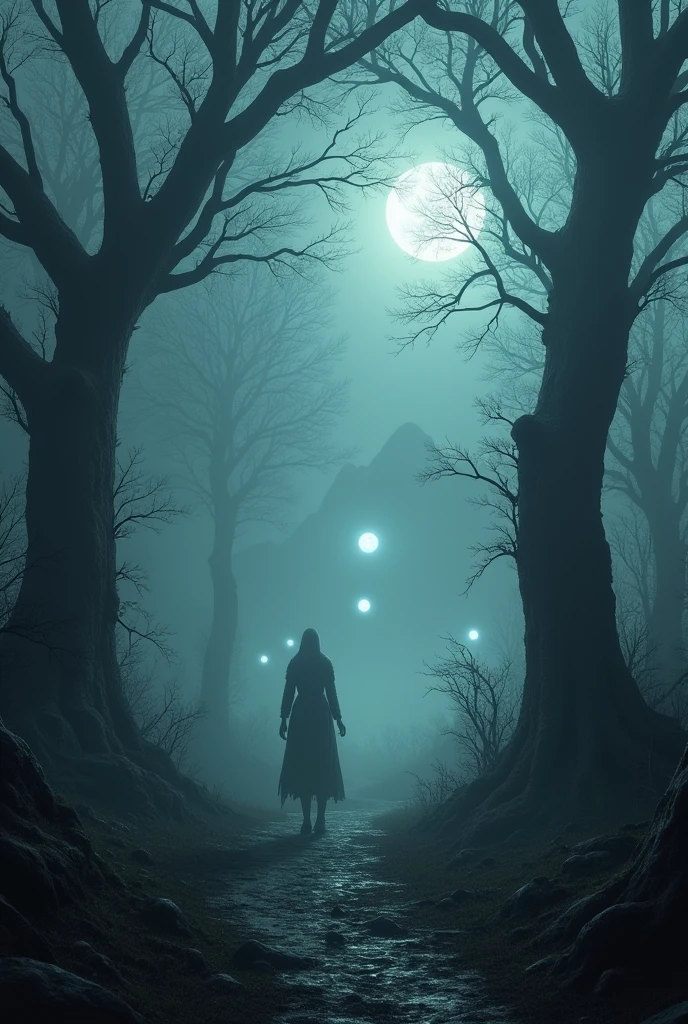 An eerie, mysterious fog creeps through an ancient, twisted forest. The gnarled trees, with their skeletal branches, loom ominously, their bark cracked and darkened by time. The fog, thick and swirling, blurs the line between reality and nightmare, casting a ghostly pallor over everything it touches. In the background, faint silhouettes of distant mountains rise above the mist, barely visible. A narrow, overgrown path winds through the forest, disappearing into the fog's depths, with strange, glowing orbs faintly visible in the distance. The atmosphere is haunting, with an unnatural stillness, as if the forest itself is holding its breath. The light is dim, with a pale, cold moon barely breaking through the dense fog, casting long, eerie shadows that dance with the movement of the mist.