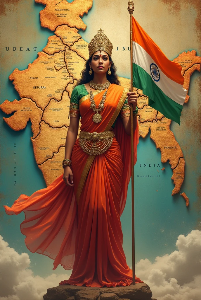 Indian goddess Bharat mata with indian flag in country map