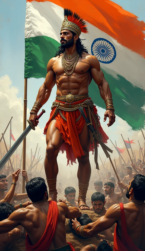 muscular indian king with indian flag killing the multiple britishers