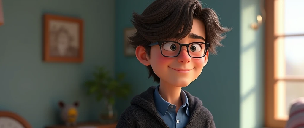 a male animated movie character in the Disney Pixar style, high qualiy, best quality , black fleece sweater blue shirt , Wear nerd glasses, , long hair , Happy young man