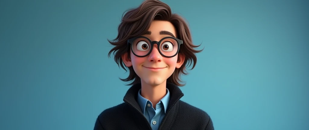 a male animated movie character in the Disney Pixar style, high qualiy, best quality , black fleece sweater blue shirt , Wear nerd glasses,  , long  hair , Happy young man  