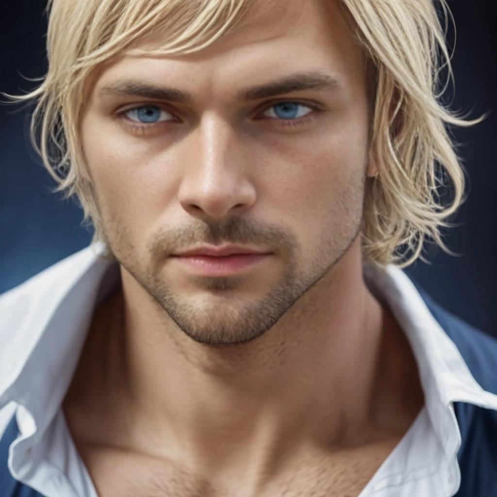 Solo. Male 41 years old. Half Swedish, Half Russian origin. Blonde hair with a golden hue. Light white skin. Dark blue intense eyes. Straight nose. Big eyes. Best quality.