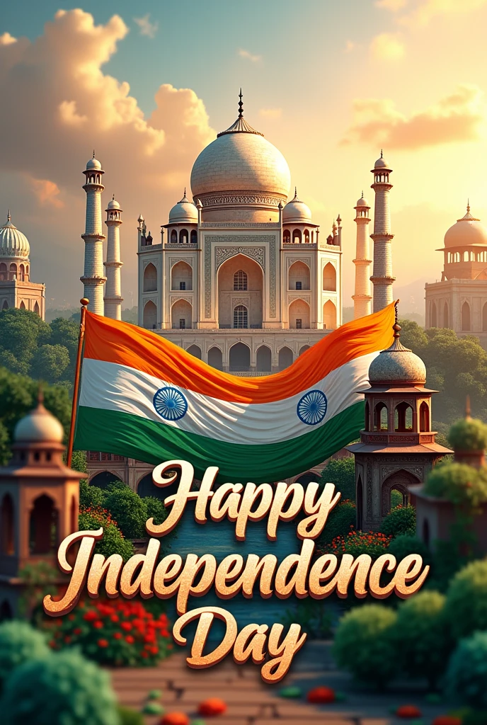 Create a 3D looking 78th independence day poster of India in 4:3 ratio with the title Happy Independance day written on it. Make it more creative with adding more things related to india