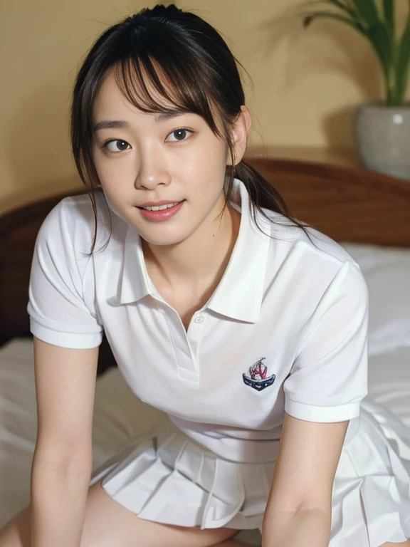 (Masterpiece, Best quality:1.3), (Ultra realistic, Photo-realistic:1.2), Natural light, 28 years old actress, Japanese beautiful 2 women, Neat and clean, (White damaged tennis uniform, White short-sleeve polo shirt with darknavy line collar:1.1), (unbutton:1.2), (White pleated skirt:1.1), white sock, (ponytail:1.2), (Beautiful faces), Oval face, clear, Beautiful eyes, Kind eyes, Clear skin, Small face, Beautiful mouth, Small mouth, Natural makeup, Approachable, Seductive smile, (Seductive pose:1.2), Beautiful thighs, Bedroom eyes, Embarrassed, Blush, Luxury hotel Suite room, On bed, (nsfw:1.3), obscene reality of girls, (lesbian couple, petting together:1.1), looking at each other, grabbing crotch, erotic pose, 
