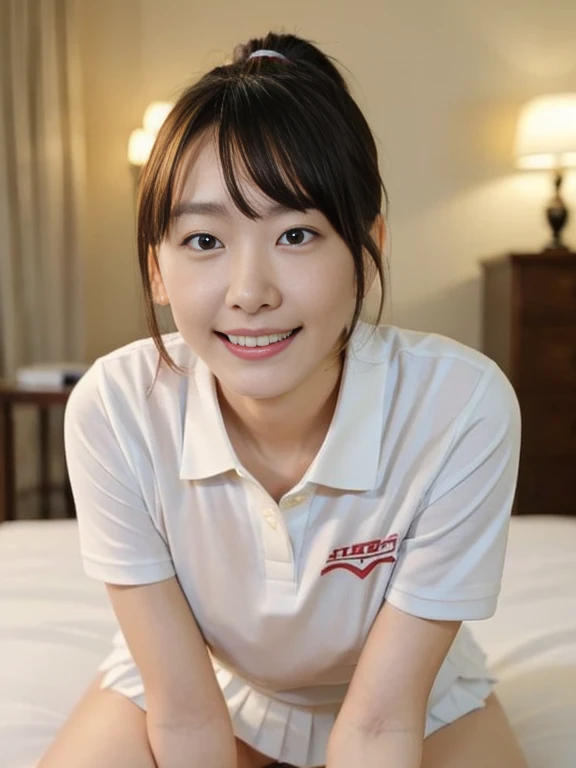 (Masterpiece, Best quality:1.3), (Ultra realistic, Photo-realistic:1.2), Natural light, 28 years old actress, Japanese beautiful 2 women, Neat and clean, (White damaged tennis uniform, White short-sleeve polo shirt with darknavy line collar:1.1), (unbutton:1.2), (White pleated skirt:1.1), white sock, (ponytail:1.2), (Beautiful faces), Oval face, clear, Beautiful eyes, Kind eyes, Clear skin, Small face, Beautiful mouth, Small mouth, Natural makeup, Approachable, Seductive smile, (Seductive pose:1.2), Beautiful thighs, Bedroom eyes, Embarrassed, Blush, Luxury hotel Suite room, On bed, (nsfw:1.3), obscene reality of girls, (lesbian couple, petting together:1.1), looking at each other, grabbing crotch, erotic pose,