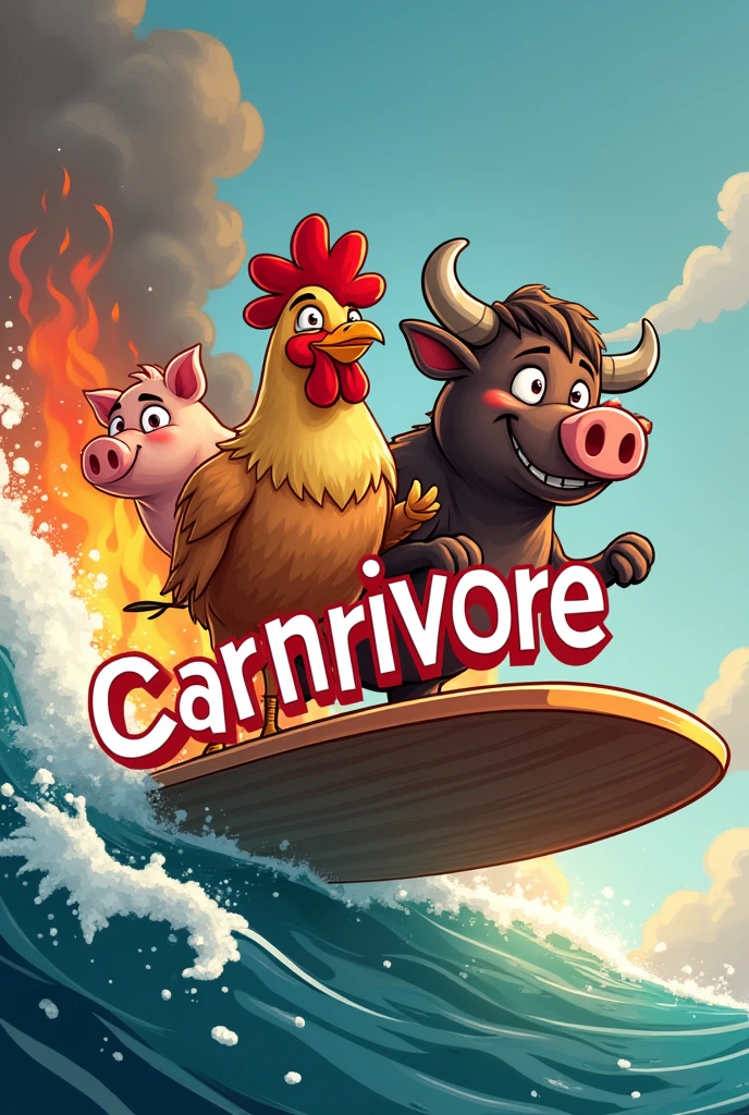 a chicken, A bull and a pig surfing on a chopping board over a sea of fire, cartoon illustration style, logo type with a white sign and red letters of the word Carnivore.