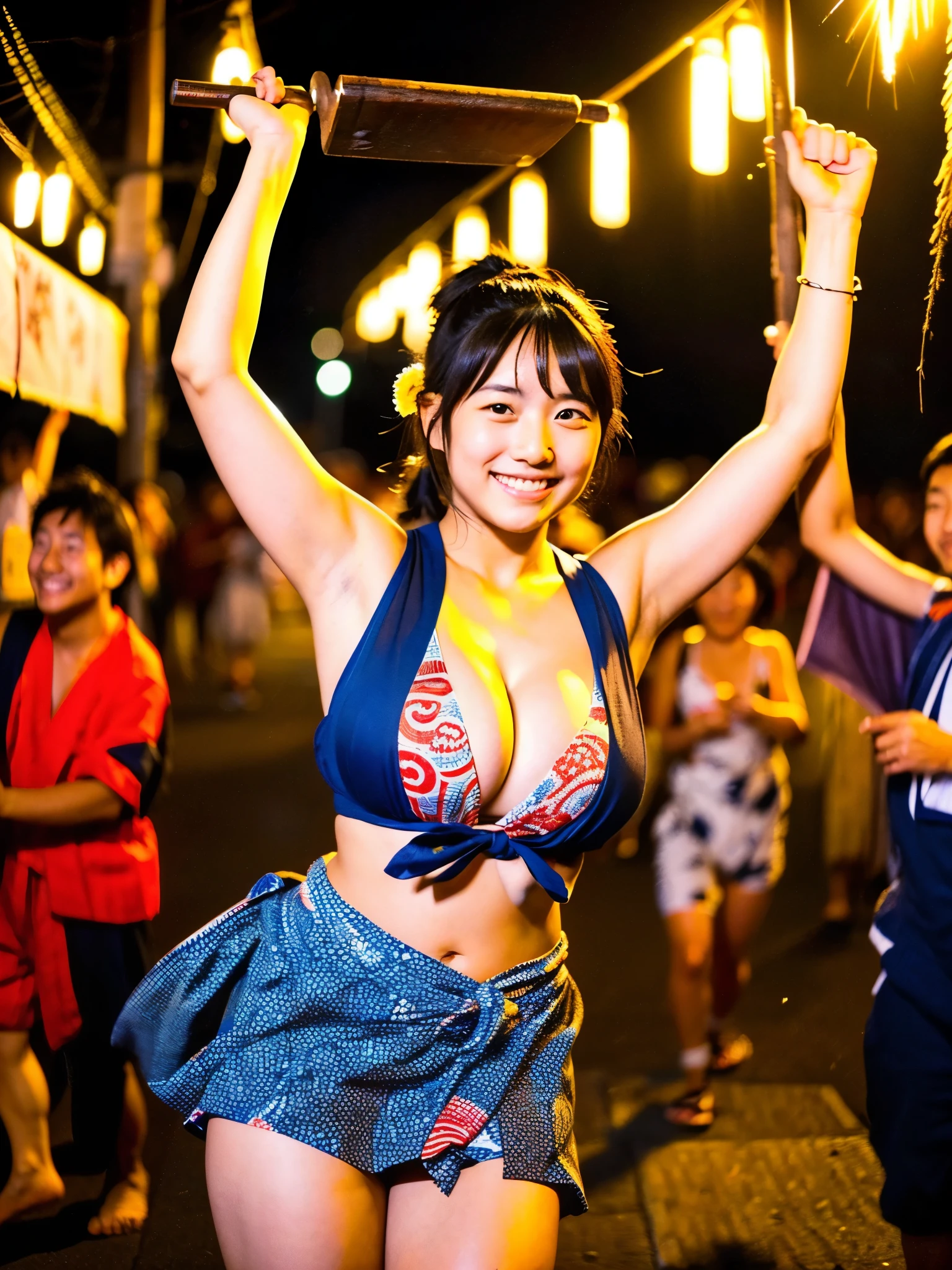 A very cute face like an idol、A 20-year-old woman who looks young、Smiling Kindly、(Wearing a yukata)、Cleavage、((Thighs are visible))、((He is lifting the hem of his yukata.))、night、Japan Fireworks Festival、Natural light、(whole body)、High level of artistry