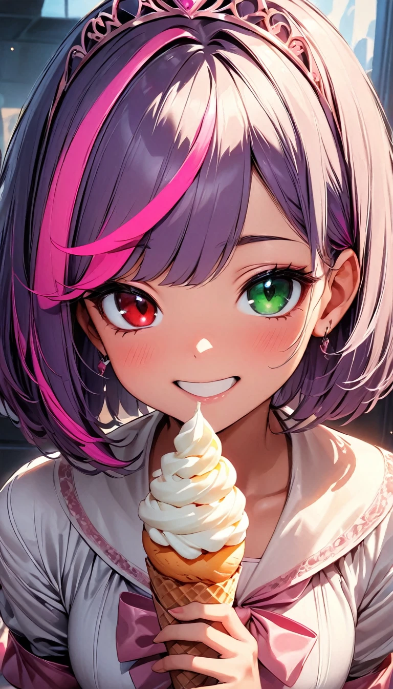 (highest quality:1.2, Very detailed, up to date, Vibrant, Ultra-high resolution, High Contrast, masterpiece:1.2, highest quality, Best aesthetics), Portraiture、girl、princess, solo, (25-years-old:1), slim, heterrochromia, green eye, red eye, extra short hair, ((bob cut:1.5))、pink and purple, ((streaked hair:1.9)), (highlights hair: 1.6), Pink Princess dress, (pink tiara:1.5), (medium breast:0.7), (tan skin:0.5), (happy:1.8), sit surrounded by sweets:1, in house of sweets, pastel color wall, Eating soft serve ice cream, a lot of cream on cheeks, Bright colors、Beautiful fine details、Beautiful lip detail、look at viewer, full body