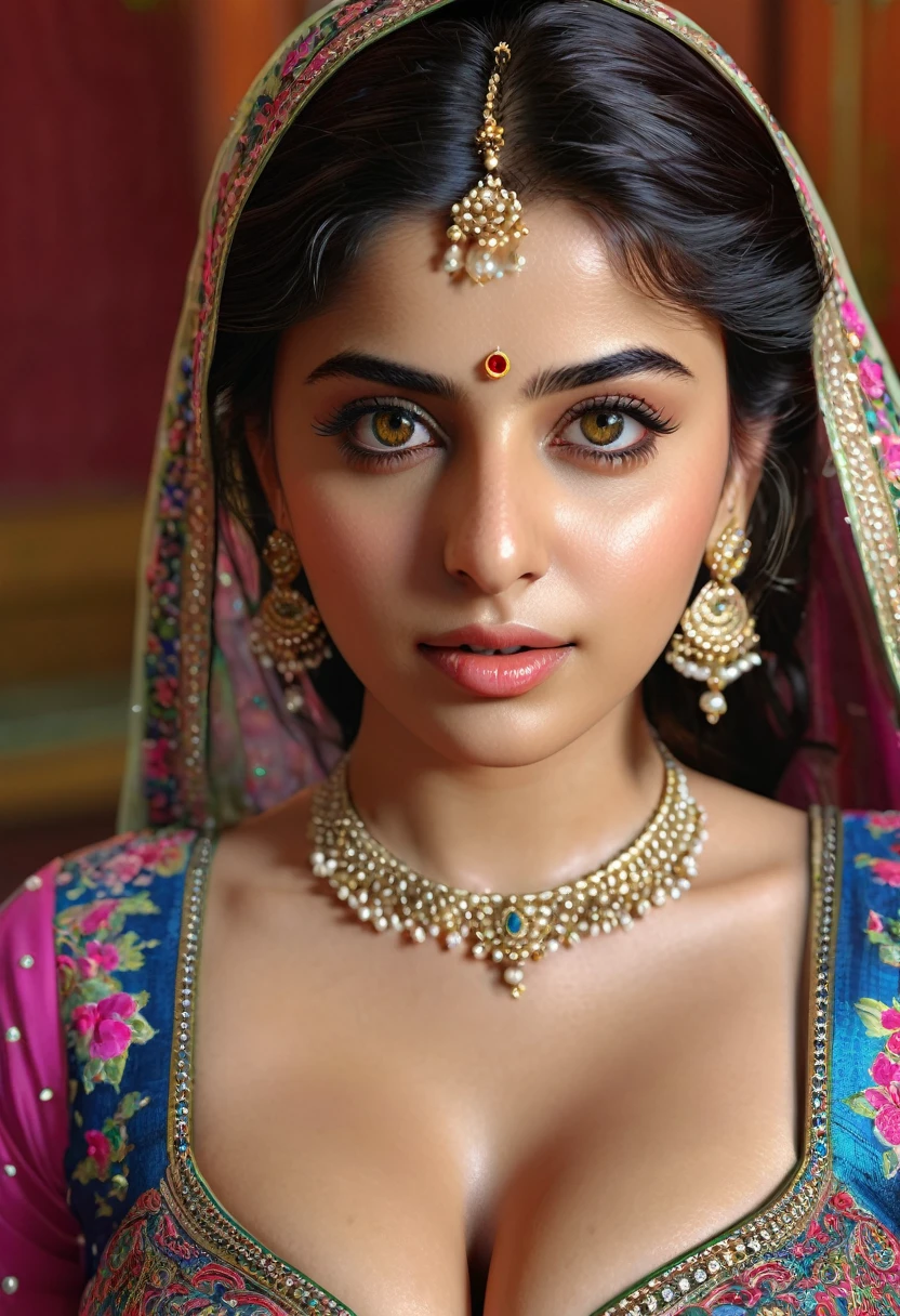 (best quality, 4k, 8k, high resolution, masterpiece: 1.2), extremely detailed, (realistic, photorealistic, photorealistic: 1.37), vibrant colors, gorgeous, young Pakistani girl, beautiful detailed eyes, beautiful details, big breasts (1.3), colorful brocade bra