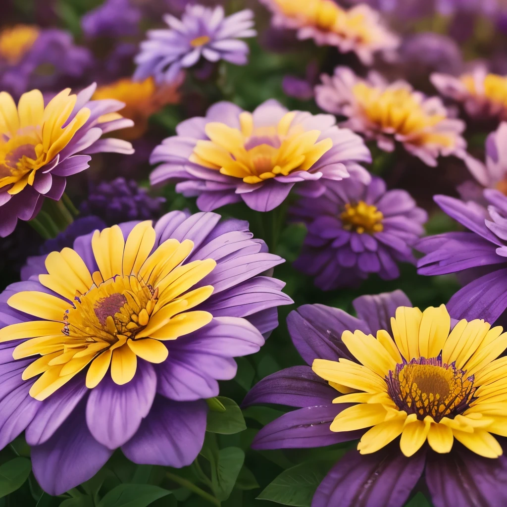 purple and yellow flowers are growing in a garden, a macro photograph by Hans Werner Schmidt, flickr, sōsaku made, purple and yellow, dust violet, violet flower, violet, yellow purple, yellow and purple tones, draped in silky purple and gold, some purple and orange, very colourful, some purple, violet flowers, some orange and purple