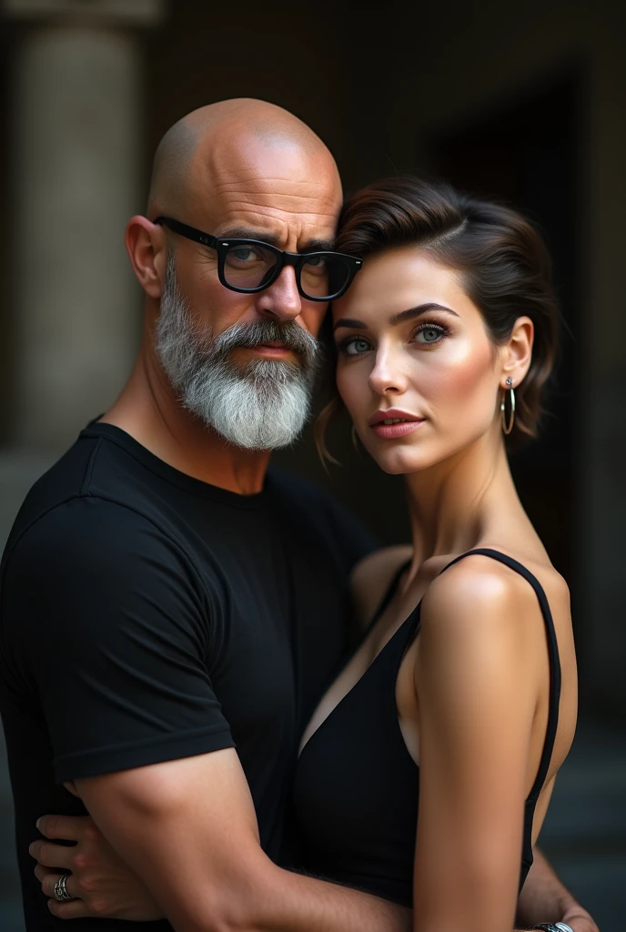couple , white bald man with white beard aquiline nose round glasses with dark lenses black t-shirt , woman very short hair blue eyes , nose raised , air of sexuality , sexy sleeveless dress , small nipples arm in arm with man