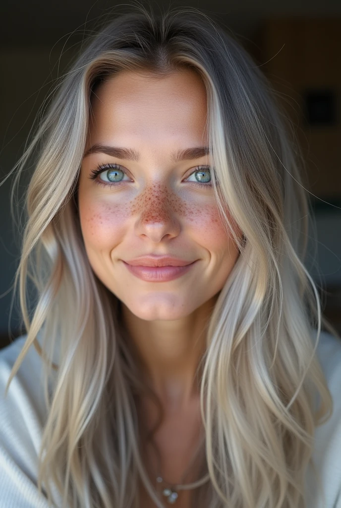Woman, americana, age 25, pale skin and freckles, gray eyes, delicate nose, soft and delicate lips, Long wavy gray blonde hair, sweet smile