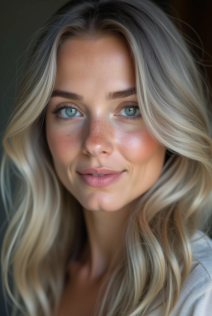 Woman, americana, age 25, pale skin and freckles, gray eyes, delicate nose, soft and delicate lips, Long wavy gray blonde hair, sweet smile