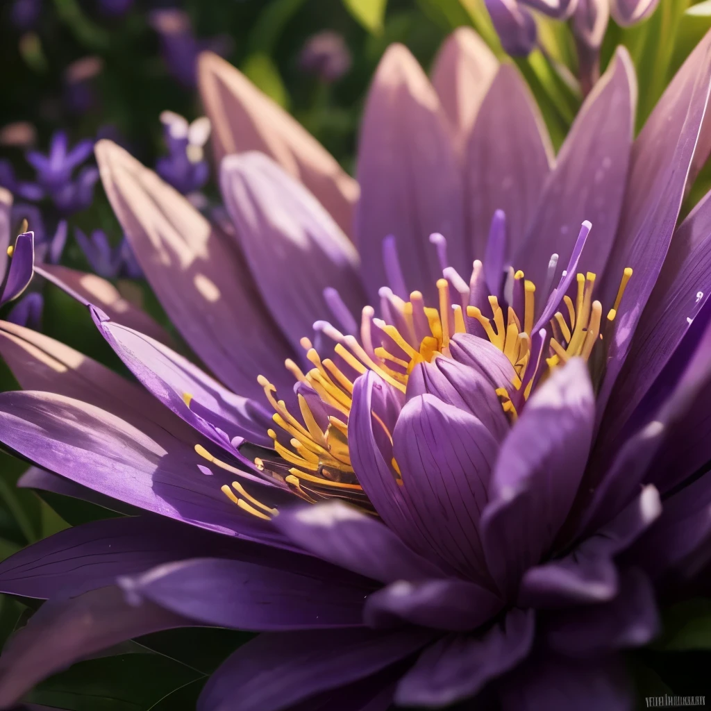 purple and yellow flowers are growing in a garden, a macro photograph by Hans Werner Schmidt, flickr, sōsaku made, purple and yellow, dust violet, violet flower, violet, yellow purple, yellow and purple tones, draped in silky purple and gold, some purple and orange, very colourful, some purple, violet flowers, some orange and purple