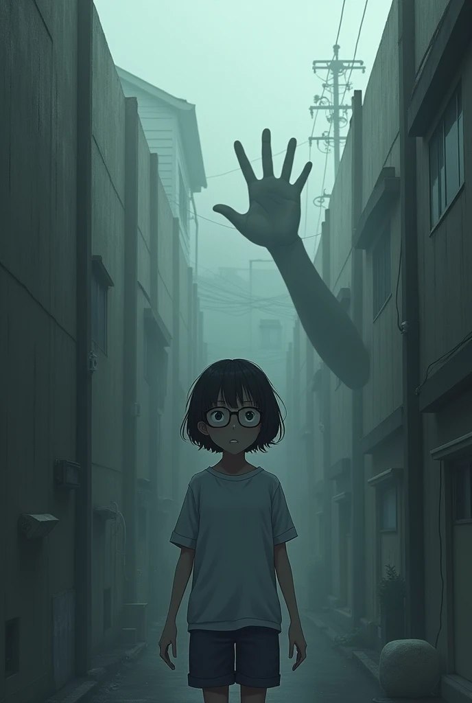 A Japanese residential area shrouded in morning mist、A bug has occurred in a section of the partition wall under construction, and a black hand is reaching out.、A short cut with a surprised face nearby_Elementary school student wearing glasses