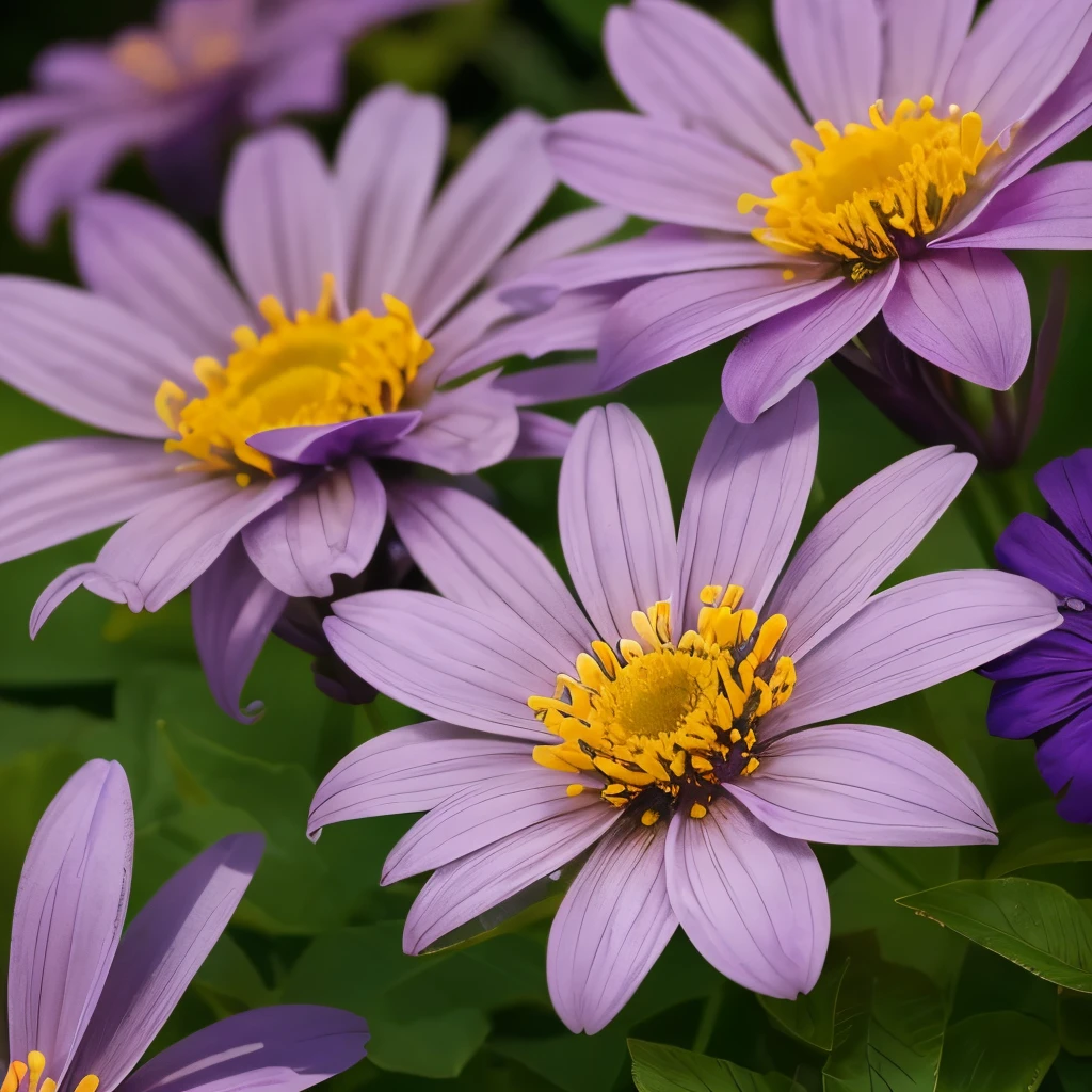 purple and yellow flowers are growing in a garden, a macro photograph by Hans Werner Schmidt, flickr, sōsaku made, purple and yellow, dust violet, violet flower, violet, yellow purple, yellow and purple tones, draped in silky purple and gold, some purple and orange, very colourful, some purple, violet flowers, some orange and purple