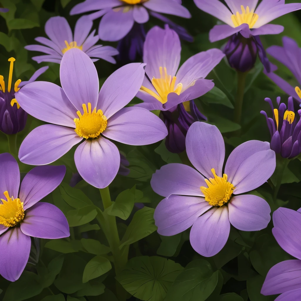 purple and yellow flowers are growing in a garden, a macro photograph by Hans Werner Schmidt, flickr, sōsaku made, purple and yellow, dust violet, violet flower, violet, yellow purple, yellow and purple tones, draped in silky purple and gold, some purple and orange, very colourful, some purple, violet flowers, some orange and purple