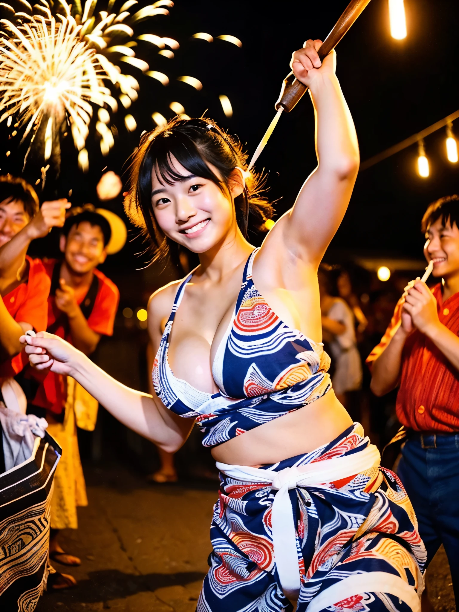 ((Masterpiece，Highest quality，Highest quality，8k，16K，Ultra-high resolution，Extremely detailed，Hyper Quality))，Japanese，Two female college students，Beauty，Cute Girls，Large Breasts(G Cup)，yukata，Summer festival，firework，night，(2人の女の子がyukataを着てSummer festivalのfireworkをバックに楽しそうに佇んでいる様子)