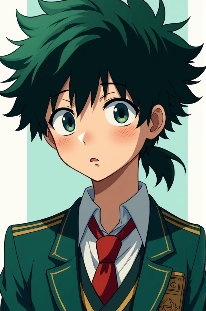 My Hero Academia wallpaper background, AU suit, boy with freckles. Right eye black and left eye green, messy hair in the front and back, long hair tied in a low ponytail that reaches just below the shoulders, teal green color
