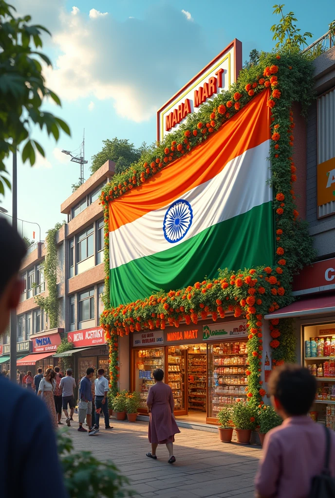 एक shop है जिस का नाम MAHA MART है और वो celebrate ker rahe hai India flag k sath
