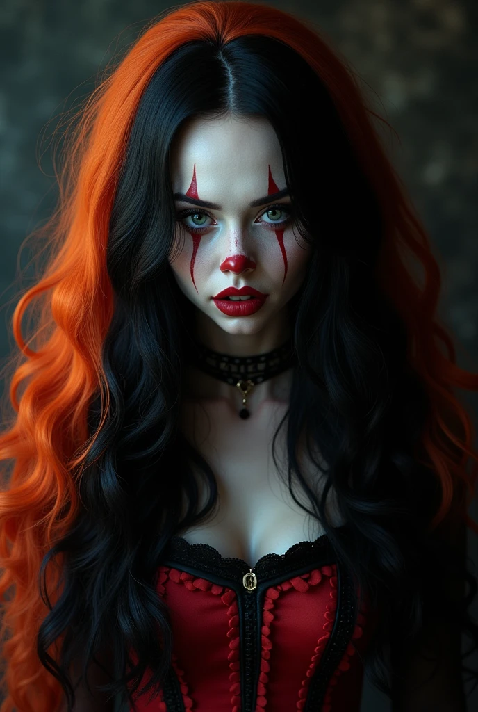 Pennywise woman with long black hair with orange stripes in the Monster High Dracula style and red and black clothing