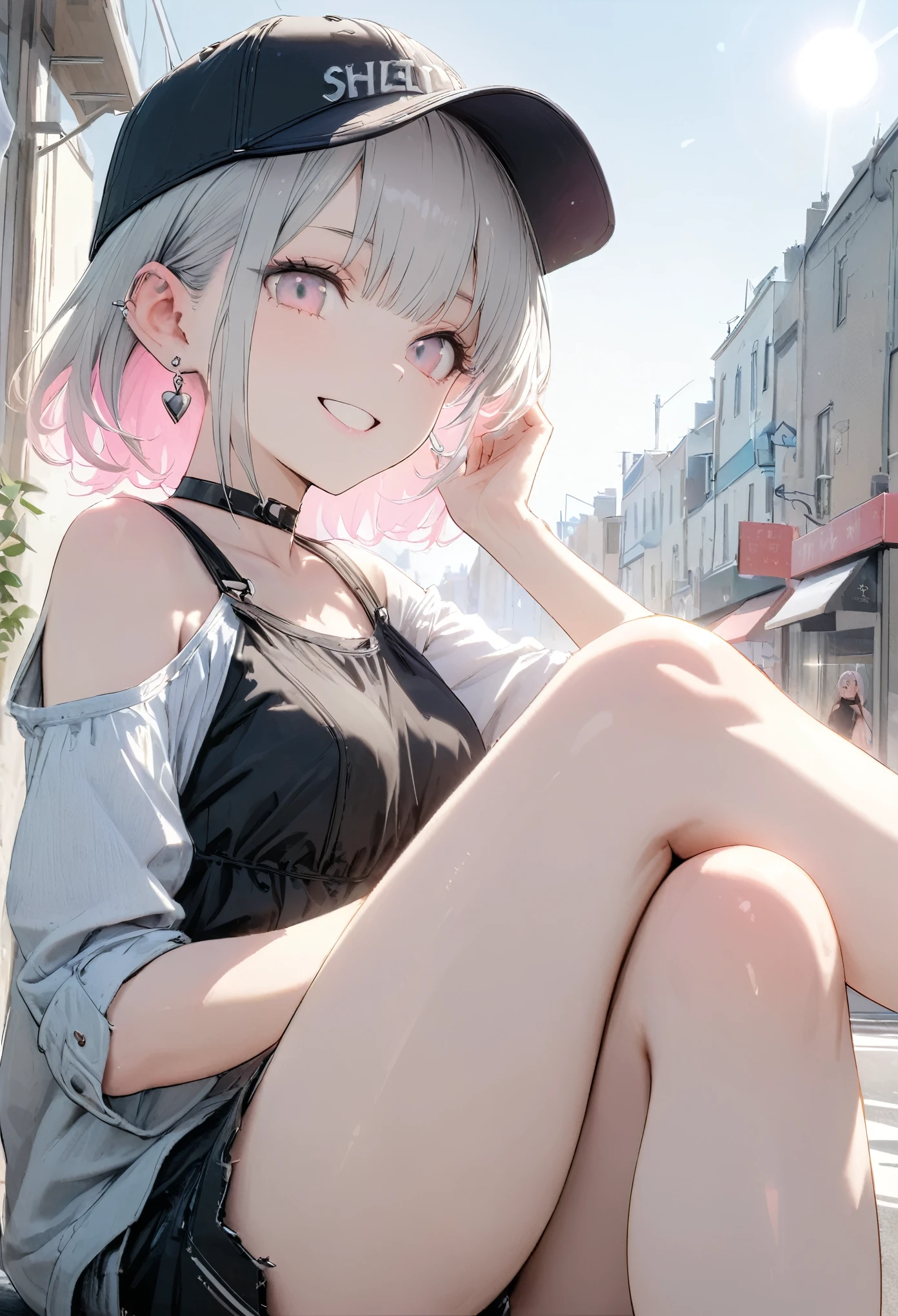 Very cute 15 year old girl, ((She has some silver earrings in her ears.. Stylish black baseball cap. Black choker、Black punk fashion))、(Gray hair color、Light pink inner color hairstyle、short hair、Hair expressed with a delicate touch), Beautiful Hair, Facial Contour, Remember, In town, splash, Lens flare、sunlight、illumination、Natural Color, High resolution, Very delicate, Very detailed, 8k,(Her breast size is about a B cup)、Shyness,((Sexual)),((Naughty feelings)),smile、Chest and face angle、Crossing your legs、Viewing angle from knee height