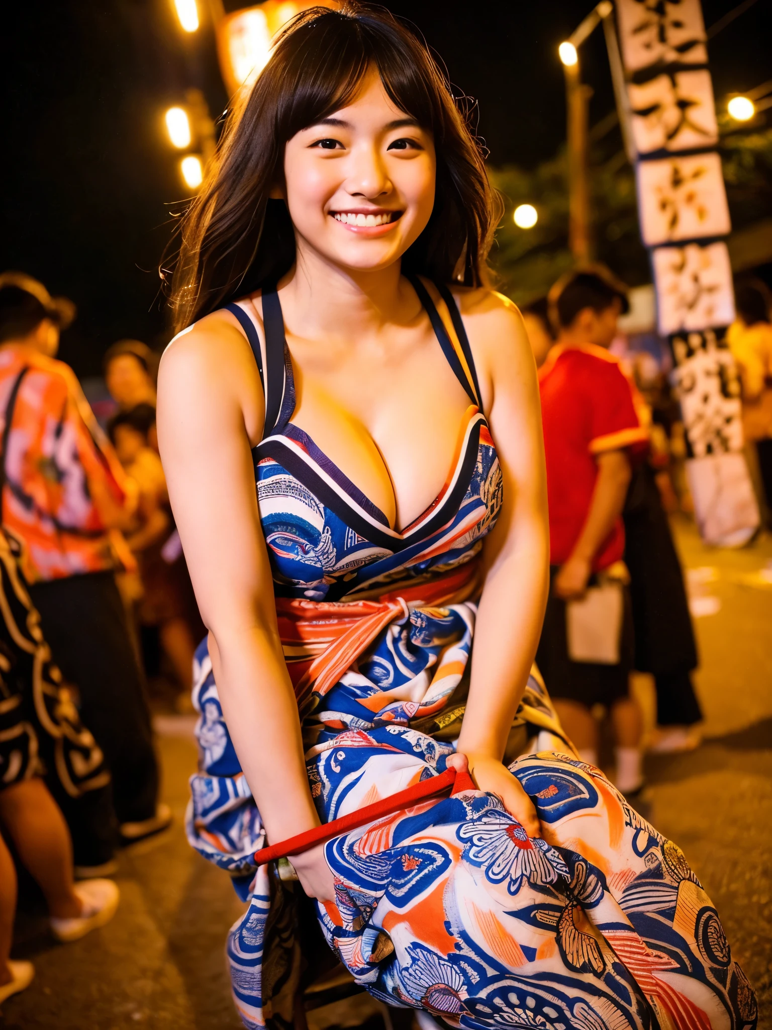 A very cute face like an idol、A 20-year-old woman who looks young、Smiling Kindly、(Wearing a yukata)、Cleavage、((Thighs are visible))、((He is lifting the hem of his yukata.))、night、Japan Fireworks Festival、Natural light、(whole body)