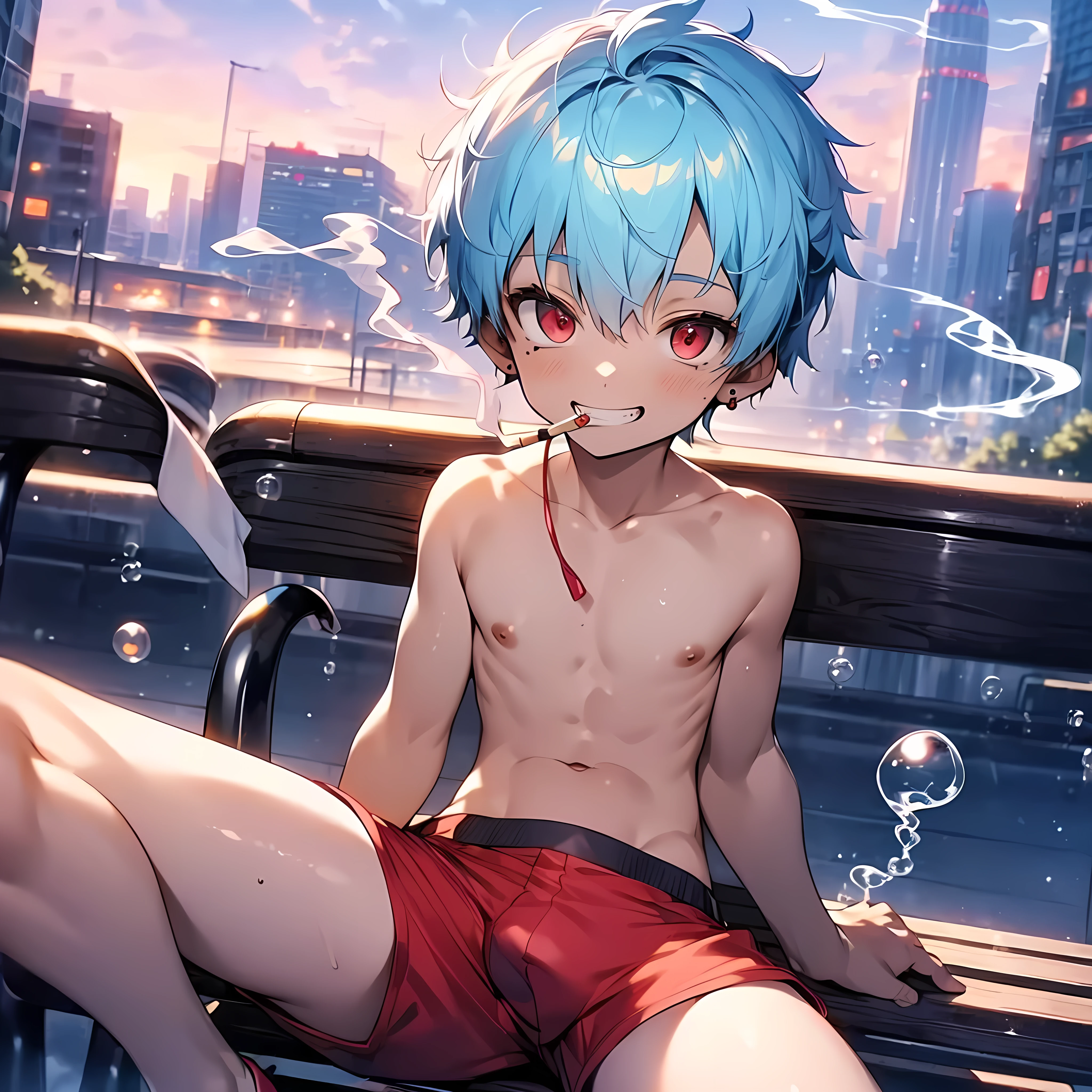 (solo:2), (boldline:-1.8), (smoking:1.6), (((bubble))), (finger around mouth:1.3), (sitting on bench:1.5), (spread legs:1.5), (((fang))), (((best finger))), (((best hands))), (((best arms))), (((best legs))), BREAK (best quality:1.5), (absolutely resolution:1.5), (ultra detailed:1.5), (masterpiece:1.5), (perfect face), (detailed face), (detailed eyes), (best eyes), (cute face), (shota:2), BREAK (topless:1.5), BREAK (red short pants:1.5), (bulge:1.6), (skinny:1.3), (spiked hair), BREAK (light blue hair:1.5), (wine red eyes:1.4), (eyes with highlight:1.6), ((mole under eye)), (sweaty skin), (light skin), (grin:1.5), ((earrings)), (shiny skin:1.3), BREAK (garden), (building:1.5), (at twilight:1.5), ((wind blowing)), ((nipple)), (abs), (groin),