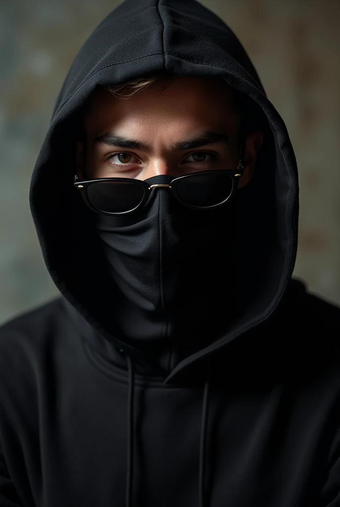 a handsome guy in a hoodie not showing his face, with a mask on his face, sunglases, hi is a dj, trap musician, this is a photo for his instagram profile