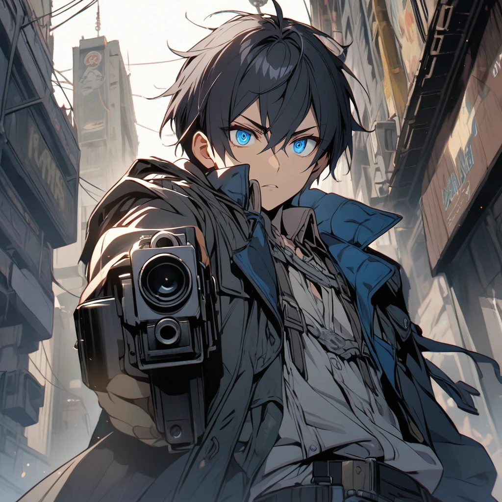 boy, black hair, Blue eyes, very detailed eyes, A gun, coat