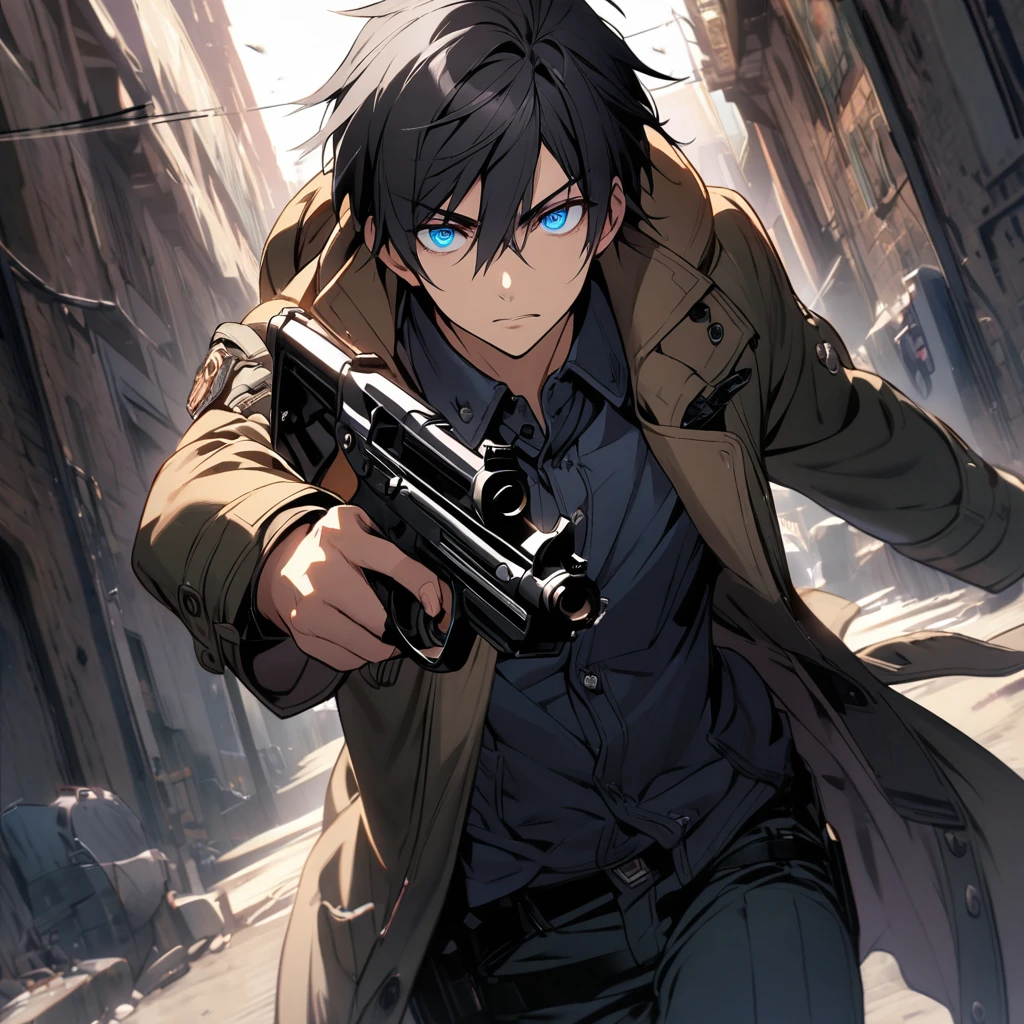 boy, black hair, Blue eyes, very detailed eyes, A gun, coat