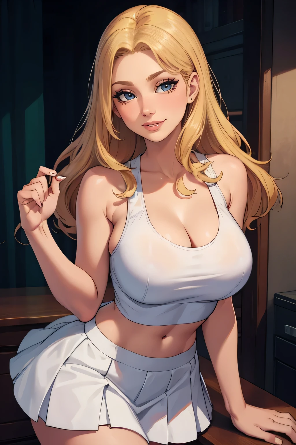 best quality, ultra high res, 1girl, mature woman, blonde long flowing hair , wearing a cheerleader outfit, white crop top, white skirt, 1girl, beautiful, masterpiece, best quality, extremely detailed face, perfect lighting, 1girl, solo,, , best quality, ultra high res, ultra detailed,, masterpiece, best quality, ,cleavage, seductive smile, mature woman, perfect eyes, perfect face, perfect chin, heavy makeup (eyes, eyebrows, lips), perfect hands, seductive pose,