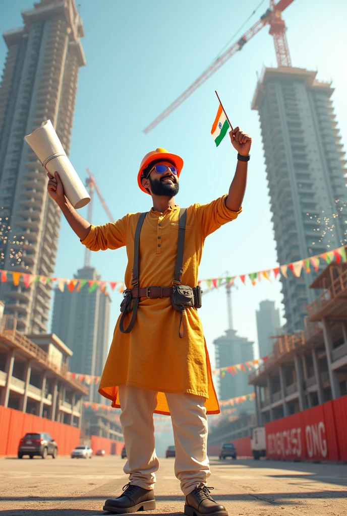 "Create an image of a modern building developer standing in front of a high-rise construction site, holding a blueprint in one hand while waving an Indian flag with the other. The developer should be smiling, wearing a traditional kurta paired with a construction helmet. In the background, the construction site is decorated with lights and Indian tricolor banners, with a large sign that reads 'Happy Independence Day' in bold, festive letters. The sky is clear with fireworks in the distance." Add white background so that I can add my branding logo to it