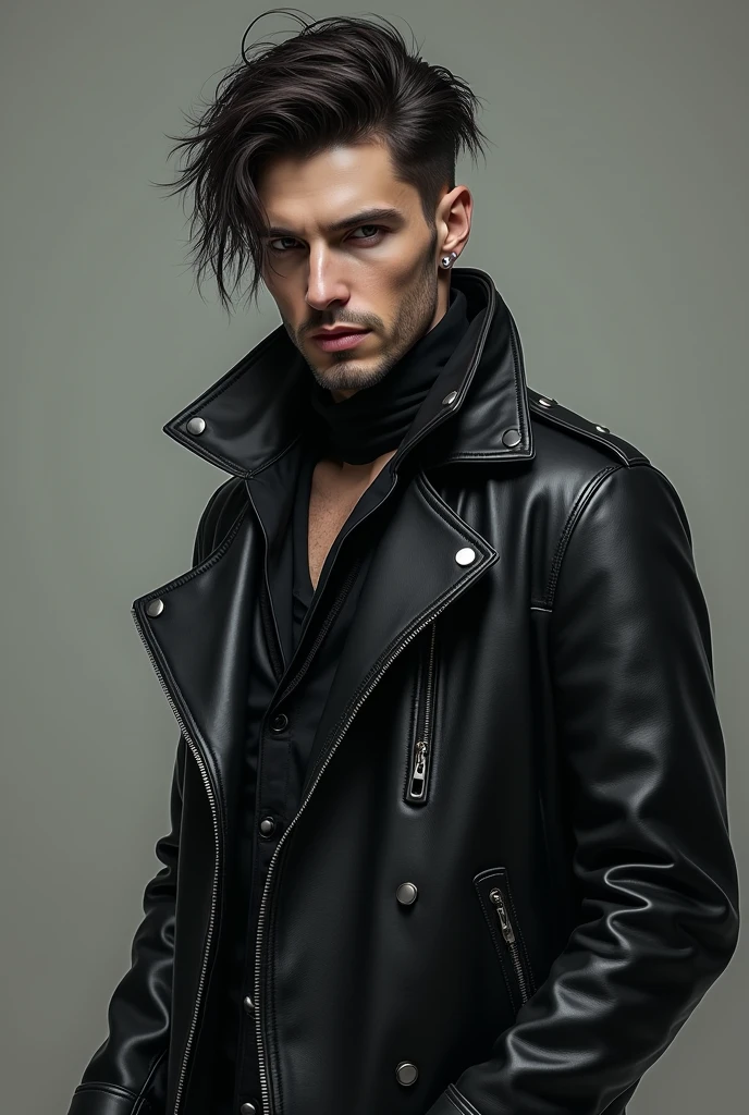 A man of somewhat mysterious appearance, with an alternative style. He wears black or dark-toned clothing, with gothic elements like leather jackets and eye-catching accessories. His expression is enigmatic. Whole body