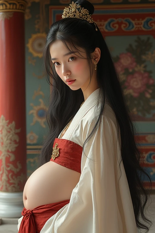 adolescent, It was Joseon Korea, woman with grey eyes, black hair Royal Palace beautiful white skin pregnant hair up, 16 years, mixed race with European 