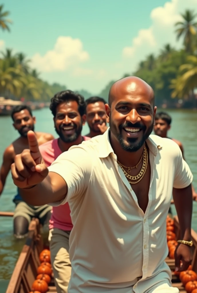 Five men participating in keral boat racing, one of the man is main character and he has no facial hair , bald, not muscular, always happy and energetic, wearing a white shirt and golden chain looks like Fahad faazil, and he standing and pointing his finger towards front rest guys are wearing t-shirts. They all are in a single boat, boat must longer in size 