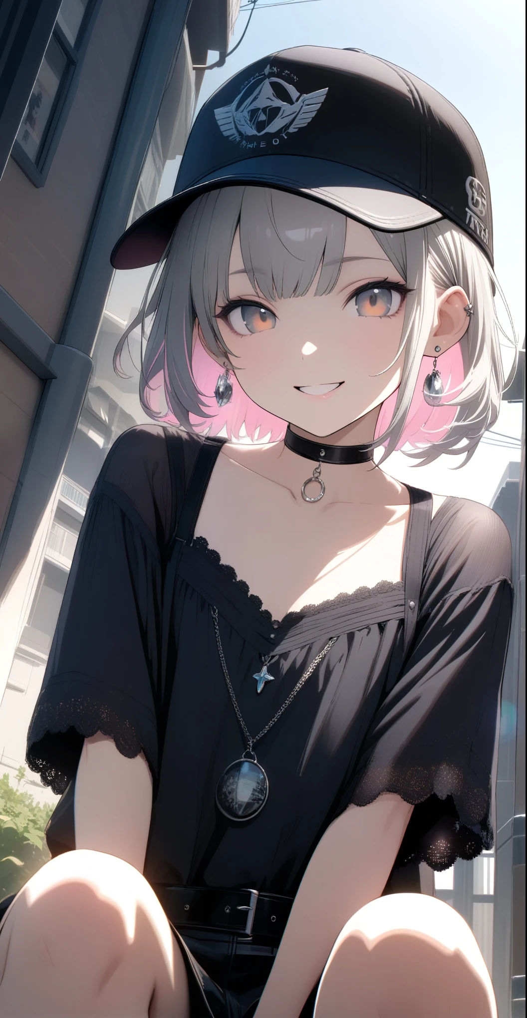 Very cute 15 year old girl, ((She has some silver earrings in her ears.. Stylish black baseball cap. Black choker、Black punk fashion))、(Gray hair color、Light pink inner color hairstyle、short hair、Hair expressed with a delicate touch), Beautiful Hair, Facial Contour, Remember, In town, splash, Lens flare、sunlight、illumination、Natural Color, High resolution, Very delicate, Very detailed, 8k,（Her breast size is about a B cup）、Shyness,((Sexual)),((Naughty feelings)),smile、Chest and face angle、Crossing your legs、Viewing angle from knee height