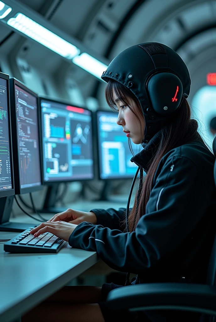 image 1 an Asian girl around 18 she's in a spaceship and she's wearing black long socks,She's studying,There's a black hood with many cables connected to a computer to help her study better. There are 5 computers running at full capacity to help her learn.,there's always a life support system that measures IQ health heart rate indicators,book, and she started studying advanced mathematics and succeeding,